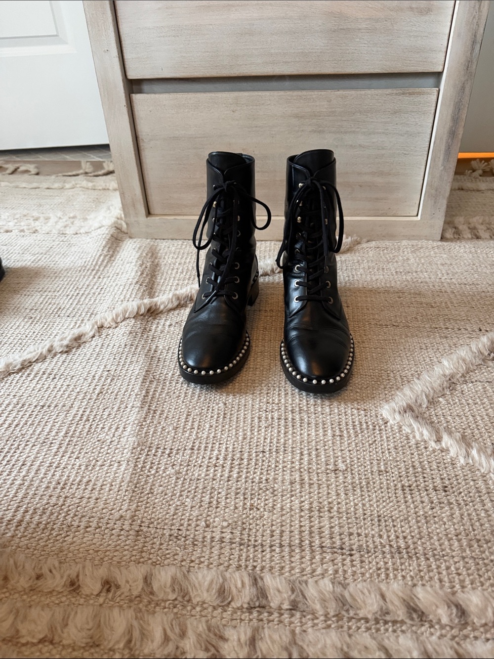 Stuart Weitzman Black Studded Lace-Up Combat Boots
